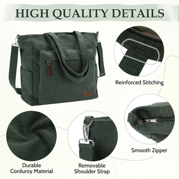 Dark Green Corduroy Large Tote Bag for Women with Zipper, Casual, Stylish, Versa - Picture 5 of 7